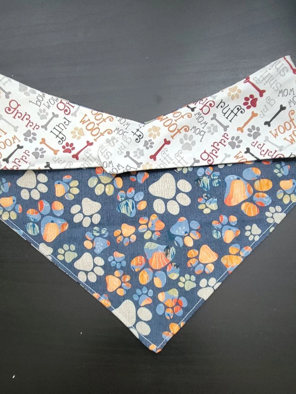 Handmade Reversible Dog Bandana - Navy Paw Prints & White 'Woof' Pattern